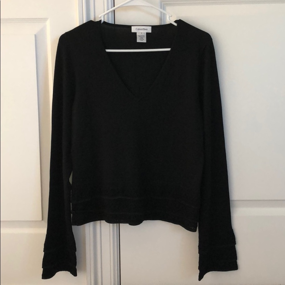 New Calvin Klein silk bell sleeve flare sleeve v-neck knit tiered ruffle sweater